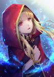  1girl blonde_hair cape ereshkigal_(fate/grand_order) fate/grand_order fate_(series) floating_hair hair_tubes hood hood_up hooded long_hair looking_up open_mouth red_cape red_eyes rokuo016 shiny shiny_hair solo very_long_hair 