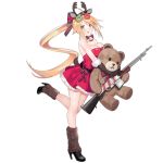  1girl alternate_costume animal_ears antlers bare_legs bare_shoulders bell black_footwear black_gloves blonde_hair blush boots breasts christmas detached_collar doughnut doughnut_hair_ornament dress food food_themed_hair_ornament from_side full_body fur_trim girls_frontline gloves grey_eyes gun hair_ornament high_heel_boots high_heels holding holding_gun holding_weapon jingle_bell large_breasts leg_warmers long_hair looking_at_viewer m1918_bar m1918_bar_(girls_frontline) machine_gun merry_christmas object_hug official_art open_mouth red_dress reindeer_ears short_dress sidelocks solo standing standing_on_one_leg stuffed_animal stuffed_toy suisai teddy_bear transparent_background very_long_hair weapon 