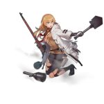  1girl alternate_costume bad_link blonde_hair blue_eyes bolt_action boots dress entrenching_tool fangdan_runiu girls_frontline gloves gun high_heels long_hair mosin-nagant mosin-nagant_(girls_frontline) official_art pantyhose rifle shovel sniper_rifle thigh_boots thigh_strap thighhighs torn_clothes torn_legwear transparent_background weapon white_dress 