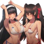  black_hair blush breasts brown_hair closed_mouth commentary girls_frontline hairband hood_(james_x) large_breasts long_hair looking_at_viewer multiple_girls navel open_mouth qbz-95_(girls_frontline) qbz-97_(girls_frontline) simple_background swimsuit twintails very_long_hair white_background yellow_eyes 