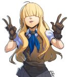  1girl ahoge blonde_hair blue_neckwear brown_gloves estyy gloves hair_over_eyes league_of_legends long_hair puffy_sleeves signature simple_background smile solo tongue tongue_out v w white_background 