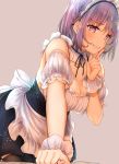  1girl apron bangs bare_shoulders black_legwear breasts choker cleavage detached_sleeves eyebrows_visible_through_hair frilled_choker frills grin highres index_finger_raised large_breasts leaning_forward maid maid_apron maid_dress maid_headdress medium_hair original purple_eyes purple_hair scrunchie skirt smile thighhighs wrist_scrunchie yu_yu 