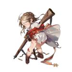  1girl alternate_costume blush boots braid brown_footwear brown_hair character_name closed_mouth coat copyright_name dress_shirt from_behind full_body girls_frontline green_eyes gun hair_between_eyes holding holding_gun holding_weapon kneepits lee-enfield lee-enfield_(girls_frontline) long_hair looking_at_viewer looking_back medal military military_uniform official_art rei_(sanbonzakura) rifle shadow shell_casing shirt sidelocks solo torn_clothes torn_shirt transparent_background uniform wavy_mouth weapon younger 