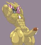  abs black_sclera blue_body blue_skin bodily_fluids cheese_cake egyptian erection exodia_the_forbidden_one genital_fluids gold_skin hi_res hieroglyphics humanoid looking_at_viewer male muscular muscular_male precum red_eyes simple_background solo sweat undead 