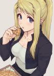  1girl bangs black_jacket blonde_hair blue_eyes blush breasts cleavage collarbone earrings eating food fullmetal_alchemist haoni highres jacket jewelry large_breasts long_hair long_sleeves looking_at_viewer open_clothes open_jacket open_mouth pie ponytail shirt sidelocks simple_background solo swept_bangs white_shirt winry_rockbell 