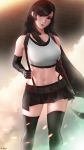  1girl artist_name bangs bare_shoulders black_hair black_legwear black_skirt black_tank_top breasts crop_top earrings elbow_gloves elbow_pads final_fantasy final_fantasy_vii final_fantasy_vii_remake fingerless_gloves gloves head_tilt highres jewelry large_breasts lips long_hair looking_at_viewer low-tied_long_hair mcdobo midriff navel pencil_skirt red_eyes skirt smile solo standing suspender_skirt suspenders swept_bangs tank_top thighhighs tifa_lockhart very_long_hair white_tank_top wind zettai_ryouiki 