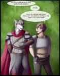  anthro armor black_nose brown_hair canid canine canis cape clothed clothing dialogue duo english_text fur ghost_(wolfpack67) grey_body grey_fur grey_hair hair hi_res human male mammal rabbit_(wolfpack67) story story_in_description text wolf wolfpack67 ziggie13 