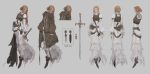  1girl belt blood bloody_clothes brown_footwear character_sheet dagger dress grey_background half-closed_eyes highres holding holding_sword holding_weapon long_dress long_hair orange_hair original parted_lips pouch scabbard sheath sword torn_clothes weapon white_dress yuho_kim 