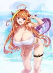  1girl :d absurdres ahoge ark_survival_evolved bikini braid breasts cleavage commentary_request dragon_girl dragon_horns dragon_tail fang hairband highres hololive horns huge_breasts kiryuu_coco kiyama_satoshi long_hair looking_at_viewer open_mouth orange_hair red_eyes smile solo swimsuit tail thigh_strap v very_long_hair virtual_youtuber white_bikini 