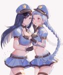  2girls absurdres belt black_gloves black_hair blue_hair blue_headwear blue_shirt blue_skirt braid breasts caitlyn_(league_of_legends) cowboy_shot crop_top cuffs eyewear_on_head fingerless_gloves gloves handcuffs hat highres jinx_(league_of_legends) league_of_legends long_hair looking_at_another medium_breasts meowlian midriff miniskirt multiple_girls navel necktie officer_caitlyn open_mouth peaked_cap police police_hat police_uniform policewoman purple_eyes red_eyes shirt short_necktie short_sleeves simple_background skirt stomach sunglasses tattoo thigh_strap thighs twin_braids twintails uniform v-shaped_eyebrows very_long_hair white_background wing_collar 