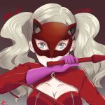  1girl animal_ears blue_eyes bodysuit breasts brown_background cat_ears cat_mask cleavage cleavage_cutout copyright_name earrings fake_animal_ears floating_hair gloves highres holding_whip jewelry long_hair looking_at_viewer medium_breasts nagaimotororo persona persona_5 pink_gloves red_bodysuit shiny shiny_hair silver_hair solo takamaki_anne twintails upper_body very_long_hair 