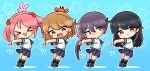  &gt;o&lt; 4girls :&gt; :&lt; :d ahoge akebono_(kantai_collection) animal_on_head anniversary asimo953 bandaid bandaid_on_face bangs bell black_hair black_legwear blue_skirt blush brown_hair bunny bunny_on_head chibi commentary_request crab crab_on_head eyebrows_visible_through_hair flower flying_sweatdrops full_body hair_bell hair_bobbles hair_flower hair_ornament jingle_bell kantai_collection long_hair looking_at_viewer looking_away multiple_girls oboro_(kantai_collection) on_head open_mouth pet pink_hair pleated_skirt purple_eyes purple_hair sazanami_(kantai_collection) school_uniform serafuku short_hair short_sleeves side_ponytail simple_background skirt smile twintails ushio_(kantai_collection) very_long_hair 