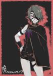  1girl 2020 absurdres bandaged_arm bandages black_cape black_jumpsuit brown_eyes cape cinder_fall closed_mouth contrapposto cowboy_shot dated eyepatch grey_hair grey_skin hand_on_hip highres limited_palette looking_at_viewer rwby shiny shiny_hair shiny_skin short_hair short_shorts shorts smile solo standing tatsuta_shin&#039;ichi thigh_strap 