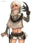  1girl bandaged_arm bandaged_hands bandages belt blonde_hair buckle claw_(weapon) dagger estyy fingernails fur_trim long_hair navel original platinum_blonde_hair red_eyes scabbard sheath sheathed shorts simple_background solo standing teeth tongue tongue_out twitter_username upper_teeth weapon white_background 