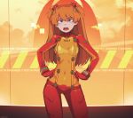  1girl absurdres blue_eyes bodysuit breasts evangelion:_2.0_you_can_(not)_advance eyebrows_visible_through_hair hands_on_hips highres huge_filesize long_hair looking_at_viewer medium_breasts neon_genesis_evangelion once_11h open_mouth plugsuit rebuild_of_evangelion red_hair shikinami_asuka_langley solo souryuu_asuka_langley test_plugsuit 