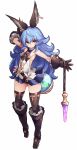  1girl animal_ears arm_up armpits ass_visible_through_thighs backless_outfit bangs blue_hair blue_skirt breasts brown_footwear brown_gloves brown_legwear bunny_ears closed_mouth earrings erune eyebrows_visible_through_hair ferry_(granblue_fantasy) full_body ghost gloves granblue_fantasy hair_between_eyes highres jewelry karukan_(monjya) long_hair looking_at_viewer round-bottom_flask sideboob simple_background single_earring skirt sleeveless small_breasts solo thighhighs very_long_hair wavy_hair whip 
