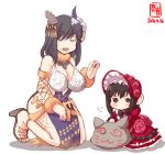  2girls =_= artist_logo black_hair blue_eyes breasts brown_hair cleavage closed_eyes commentary_request cosplay dated dress hair_ornament highres kanon_(kurogane_knights) kantai_collection kulve_taroth_(armor) large_breasts long_sleeves medium_hair monster_hunter monster_hunter:_world multiple_girls open_mouth red_dress seiza shigure_(kantai_collection) short_hair simple_background sitting smile white_background yamashiro_(kantai_collection) 