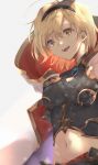  1girl :d bangs black_hairband blonde_hair breasts brown_eyes cleavage cleavage_cutout conqueror_of_the_eternals djeeta_(granblue_fantasy) earrings granblue_fantasy grey_background groin hair_between_eyes hair_intakes hairband highres jewelry laz_(ackf3885) looking_at_viewer medium_breasts midriff navel open_mouth short_hair smile solo stomach upper_body 