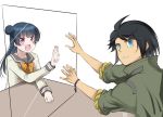  1boy 1girl ahoge bangs black_hair blue_eyes blue_hair bracelet check_commentary commentary_request company_connection crossover eyebrows_visible_through_hair glass gundam gundam_tekketsu_no_orphans hair_bun highres jacket jewelry kawanishi_kengo kobayashi_aika long_hair long_sleeves looking_at_viewer love_live! love_live!_sunshine!! mikazuki_augus pink_eyes school_uniform seiyuu_connection short_hair sidelocks sleeves_rolled_up sunrise_(company) table tsushima_yoshiko uranohoshi_school_uniform zero-theme 