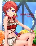  2020 bangs bikini blue_sky breasts cinderella_bust closed_mouth cloud collarbone dated day eyebrows_visible_through_hair hair_between_eyes hair_ornament happy_birthday highres jyon long_hair looking_at_viewer love_live! love_live!_school_idol_project navel nishikino_maki outdoors purple_eyes red_bikini red_hair sarong shiny shiny_hair shiny_skin sky small_breasts smile sunlight swept_bangs swimsuit wrist_cuffs 