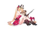  1girl alternate_costume animal_ears antlers bare_legs bare_shoulders bell black_footwear black_gloves blonde_hair blush boots breasts christmas detached_collar doughnut doughnut_hair_ornament dress food food_themed_hair_ornament frills from_side full_body fur_trim girls_frontline gloves grey_eyes gun hair_ornament high_heel_boots high_heels jingle_bell large_breasts leg_warmers long_hair looking_at_viewer m1918_bar m1918_bar_(girls_frontline) machine_gun merry_christmas object_hug official_art open_mouth red_dress reindeer_ears short_dress sidelocks sitting solo stuffed_animal stuffed_toy suisai teddy_bear torn_clothes torn_dress transparent_background very_long_hair weapon 