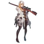  1girl alternate_costume bad_link blonde_hair blue_eyes bolt_action boots dress fangdan_runiu girls_frontline gloves gun hat high_heels long_hair mod3_(girls_frontline) mosin-nagant mosin-nagant_(girls_frontline) official_art over_shoulder pantyhose red_star rifle side_ponytail sniper_rifle thigh_boots thigh_strap thighhighs transparent_background weapon weapon_over_shoulder white_dress white_headwear 