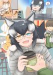  1boy 2girls animal_ears cafe coat coffee_cup cup disposable_cup duffel_coat fang fur_collar glasses grey_wolf_(kemono_friends) hand_blush helmet heterochromia high-waist_skirt highres holding holding_another&#039;s_arm holding_cup john_(a2556349) kaban_(kemono_friends) kemono_friends looking_at_viewer multiple_girls pith_helmet serval_(kemono_friends) serval_ears serval_print serval_tail skirt striped_tail tail winter_clothes wolf_ears wolf_girl 