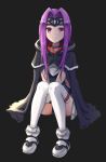  1girl black_background black_cape black_leotard cape closed_mouth collar doraski fate/grand_order fate_(series) faulds full_body hair_intakes highres leotard long_hair looking_at_viewer medusa_(lancer)_(fate) purple_eyes purple_hair shiny shiny_hair simple_background sitting smile solo straight_hair thighhighs very_long_hair white_legwear 