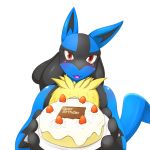  1:1 alternate_version_at_source anthro black_inner_ear black_pupils blue_body blue_ears blue_tail bodily_fluids cake food front_view fruit fur fur_tuft hi_res holding_cake holding_plate kemojin looking_at_viewer lucario nintendo open_mouth plant pok&eacute;mon pok&eacute;mon_(species) red_eyes simple_background solo strawberry tears tongue tuft video_games white_background 