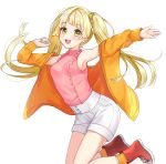  1girl :d absurdres armpits arms_up bang_dream! bare_shoulders blonde_hair hair_ornament highres jacket long_hair long_sleeves looking_at_viewer neginoki off_shoulder open_clothes open_jacket open_mouth orange_jacket orange_legwear outstretched_arms pink_shirt red_footwear shirt shirt_tucked_in shoes short_shorts shorts simple_background sleeveless sleeveless_shirt smile socks solo thighs tsurumaki_kokoro twintails white_background white_shorts yellow_eyes 