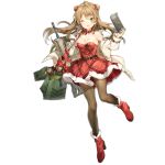  1girl ;d alternate_costume anmi assault_rifle bag bangs bare_shoulders black_legwear blush boots bow breasts brown_hair bullpup christmas coat double_bun dress duffel_coat eyebrows_visible_through_hair full_body fur_trim girls_frontline green_eyes gun hair_bow high_heel_boots high_heels holding kel-tec_rfb long_hair looking_at_viewer medium_breasts nintendo_switch official_art one_eye_closed open_clothes open_coat open_mouth pantyhose red_bow red_dress red_footwear rfb_(girls_frontline) rifle santa_costume shopping_bag smile solo standing standing_on_one_leg thighs transparent_background weapon 