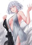  1girl ashes breasts dress girls_frontline highres large_breasts looking_at_viewer open_clothes open_dress purple_eyes rpk-16 rpk-16_(girls_frontline) sam_(metalibon) short_hair silver_dress silver_hair smile snow solo weapon white_background white_hair 