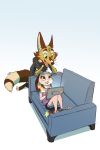  2018 anthro blue_background blue_eyes brown_body brown_fur canid canine clothed clothing creating_art duo fox fully_clothed fur furniture green_eyes hi_res lagomorph leporid mammal open_mouth open_smile rabbit reclining ribbontail_(character) simple_background smile sofa vulpesvant vulpesvant_(character) 