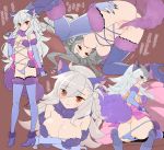  1girl animal_ears braid breasts breasts_outside brown_eyes claws cleavage commentary_request cosplay dangerous_beast fate/grand_order fate_(series) fur-trimmed_gloves fur-trimmed_legwear fur_collar fur_trim gloves halloween_costume hanging_breasts high_heels kanekiyo_miwa large_breasts long_hair mash_kyrielight mash_kyrielight_(cosplay) multiple_views o-ring o-ring_top olga_marie_animusphere panties panty_pull purple_gloves purple_legwear purple_panties revealing_clothes side_braid silver_hair tail tail_censor translation_request underwear undressing wolf_ears wolf_girl wolf_tail 