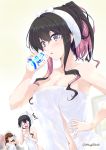  3girls bangs black_hair blush bottle breast_envy breasts brown_hair cleavage glasses hair_up hand_on_hip holding kantai_collection large_breasts long_hair mikage_takashi milk_bottle multicolored_hair multiple_girls naganami_(kantai_collection) naked_towel ooyodo_(kantai_collection) open_mouth pink_hair shaded_face sidelocks sweat towel towel_on_head twitter_username two-tone_hair wavy_hair 