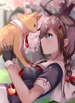  1girl ahoge animal bangs black_gloves blue_eyes blurry blurry_background blush braid breasts brown_hair cat cherry_blossoms day fingerless_gloves gloves hair_flaps hair_ornament hair_ribbon holding holding_animal holding_cat kantai_collection mashiro_aa medium_breasts outdoors profile red_neckwear remodel_(kantai_collection) ribbon sailor_collar school_uniform serafuku shigure_(kantai_collection) single_braid smile 