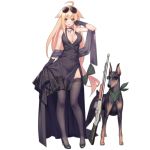  1girl ahoge alternate_costume animal aviator_sunglasses blonde_hair blush breasts choker cleavage doberman dog dress eyewear_on_head formal full_body girls_frontline gloves green_eyes gun high_heels jewelry large_breasts long_hair low-tied_long_hair m1918_bar m1918_bar_(girls_frontline) machine_gun necklace official_art smile standing suisai sunglasses thighhighs transparent_background very_long_hair weapon 