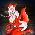  1:1 2018 alternate_version_at_source anthro blue_eyes blue_pupils blush body_blush bound breasts breath canid canine captured chain chained clothed clothing collar female footwear fur hi_res kemojin looking_at_viewer mammal red_body red_clothing red_footwear red_fur red_tail shackles solo teeth 