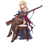  1girl alternate_costume bare_shoulders blonde_hair blue_dress blue_eyes blush braid breasts brown_legwear choker cleavage crossed_legs crown_braid dress elbow_gloves fangdan_runiu flower french_braid garter_straps girls_frontline gloves gun hair_flower hair_ornament high_heels jewelry lace lace-trimmed_legwear large_breasts long_hair mosin-nagant_(girls_frontline) necklace no_panties official_art pendant rifle side_slit sidelocks sitting smile sniper_rifle solo strap_gap thighhighs transparent_background weapon 