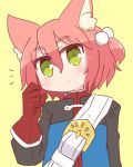  1girl 7th_dragon 7th_dragon_(series) animal_ear_fluff animal_ears bangs belt belt_buckle blue_jacket blush buckle cat_ears closed_mouth commentary_request eyebrows_visible_through_hair gloves green_eyes hair_between_eyes hair_bobbles hair_ornament hand_up harukara_(7th_dragon) jacket long_sleeves naga_u one_side_up pink_hair red_gloves simple_background solo upper_body white_belt yellow_background 