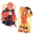  alisha_(heirror) bandaid_on_arm bandaid_on_cheek bow cape eyebrows_visible_through_hair fire_emblem fire_emblem:_three_houses garreg_mach_monastery_uniform gloves jewelry leonie_pinelli necklace older open_mouth orange_eyes orange_hair partly_fingerless_gloves short_hair short_shorts shorts skirt stretch tongue tongue_out waist_cape white_background 