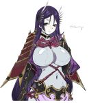  1girl armlet bangs black_gloves bodysuit breasts chuzenji covered_navel curvy fate/grand_order fate_(series) gloves highres large_breasts long_hair minamoto_no_raikou_(fate/grand_order) parted_bangs purple_bodysuit purple_eyes purple_hair ribbed_sleeves rope smile solo upper_body very_long_hair 