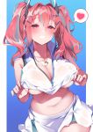  1girl azur_lane bangs bare_shoulders belly blush breasts bremerton_(azur_lane) bremerton_(scorching-hot_training)_(azur_lane) cleavage collarbone commentary_request crop_top hair_between_eyes hair_ornament hairclip head_tilt heart heart-shaped_pupils heart_necklace highres kanola_u large_breasts lifted_by_self long_hair looking_at_viewer mole mole_on_breast multicolored_hair navel parted_lips pink_eyes pink_hair see-through shirt shirt_lift sleeveless sleeveless_shirt smile solo spoken_heart sportswear streaked_hair sweat symbol-shaped_pupils tennis_uniform twintails two-tone_shirt two-tone_skirt wet wet_clothes x_hair_ornament 
