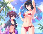  2girls arm_up armpits bangs bare_shoulders bikini black_hair black_jacket blue_sky blush breasts cleavage cloud commentary_request cowboy_shot day drawstring eyebrows_visible_through_hair food front-tie_bikini front-tie_top groin hair_between_eyes hair_ribbon halterneck hand_up hat himekaidou_hatate holding holding_food hood hooded_jacket innertube jacket long_sleeves looking_at_viewer medium_breasts multiple_girls navel open_clothes open_jacket outdoors palm_tree parted_lips popsicle purple_bikini purple_eyes purple_ribbon red_bikini red_eyes ribbon roke_(taikodon) shameimaru_aya short_hair sky smile standing stomach swimsuit tassel tokin_hat touhou tree twintails 