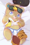  absurd_res animal_crossing anthro beaver bed blonde_hair blue_eyes bottomwear buckteeth c.j._(animal_crossing) chibi clothed clothing eyewear freckles furniture hair hat headgear headwear hi_res hoodie male mammal navel nintendo partially_clothed rodent shorts shorts_down slightly_chubby solo sunglasses teeth topwear toruu underwear undressing video_games 