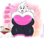  &lt;3 2020 anthro asriel_dreemurr big_breasts breasts cleavage clothed clothing crossgender curvy_figure dialogue english_text female food fur huge_breasts solo text tight_clothing undertale video_games voluptuous walter_sache white_body white_fur 
