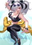  1girl :d alternate_costume animal_ears arknights bare_shoulders black_footwear black_pants breasts cleavage clothes_around_waist collarbone eyewear_on_head feater_(arknights) foreshortening from_above grey_hair hair_over_one_eye jacket jacket_around_waist large_breasts long_hair looking_at_viewer midriff mokyumokyuchan multicolored_hair open_mouth panda_ears pants red_eyes round_eyewear shoes smile sneakers solo sports_bra sunglasses torn_clothes track_pants twintails two-tone_hair wristband yellow_jacket 