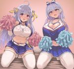  2girls ahoge azur_lane bangs bare_shoulders belt blue_skirt blush breasts character_name cheerleader choker cleavage cleavage_cutout collarbone commentary_request cygnet_(azur_lane) cygnet_(royal_fanfare)_(azur_lane) dido_(azur_lane) elbow_gloves eyebrows_visible_through_hair gloves hair_ribbon hairband head_tilt heart_cutout highres kneeling large_breasts long_hair looking_at_viewer midriff multiple_girls navel open_mouth pink_eyes pleated_skirt pom_poms red_eyes ribbon shirt silver_hair skirt sleeveless sleeveless_shirt smile sweat thighhighs two-tone_shirt upanishi whistle whistle_around_neck white_gloves white_legwear yellow_ribbon 