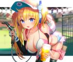  1girl absurdres alcohol bare_shoulders baseball_cap beer bent_over bikini blue_eyes blue_shorts breasts cleavage collarbone cup elbow_gloves exposed_pocket fingerless_gloves gibagiba gloves green_legwear hat highres holding holding_cup huge_filesize large_breasts long_hair looking_at_viewer monster_strike multicolored open_mouth pink_bikini short_shorts shorts side_ponytail smile solo star star_tattoo swimsuit tattoo thighhighs white_bikini 