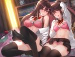  2girls bed blush book bow bra brown_hair condom fang kfr navel open_shirt panties pink_eyes ponytail purple_eyes school_uniform skirt skirt_lift tagme_(character) underwear 